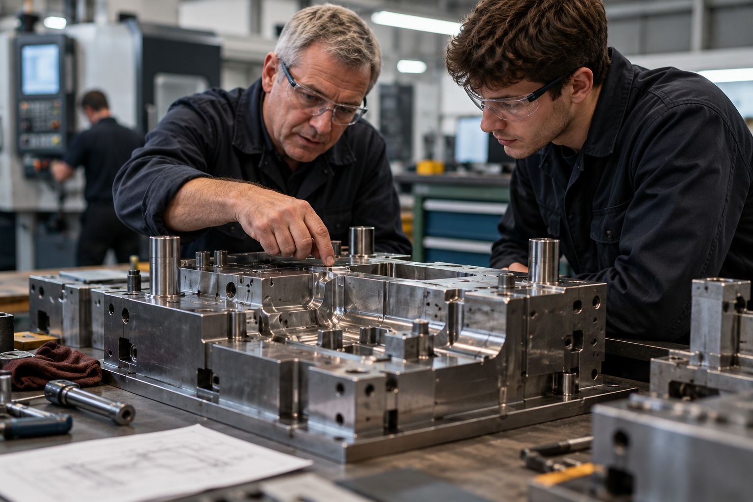 Experienced toolmaker and younger colleague reviewing a mould tool together